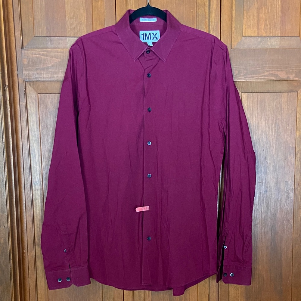 Express Men's Deep Red/Purple Dress Shirt Large